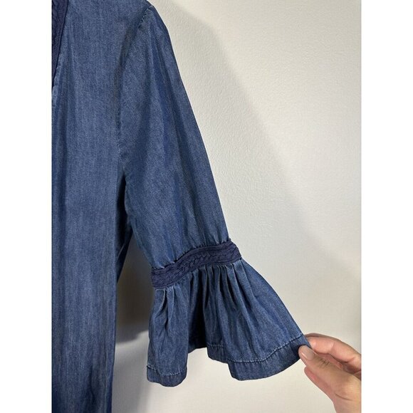Max Studio Dress Womens Small Blue Shift Chambray Bell Sleeves Boho Embroidered - Picture 3 of 12